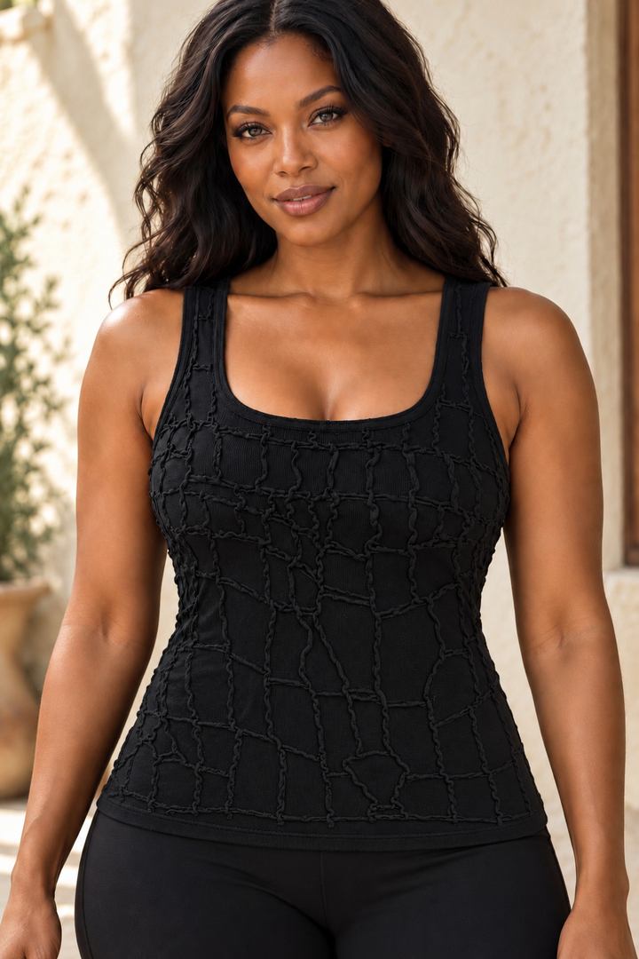 Textured Racerback Tank Top – Black Fitted Ribbed Stretch Basic