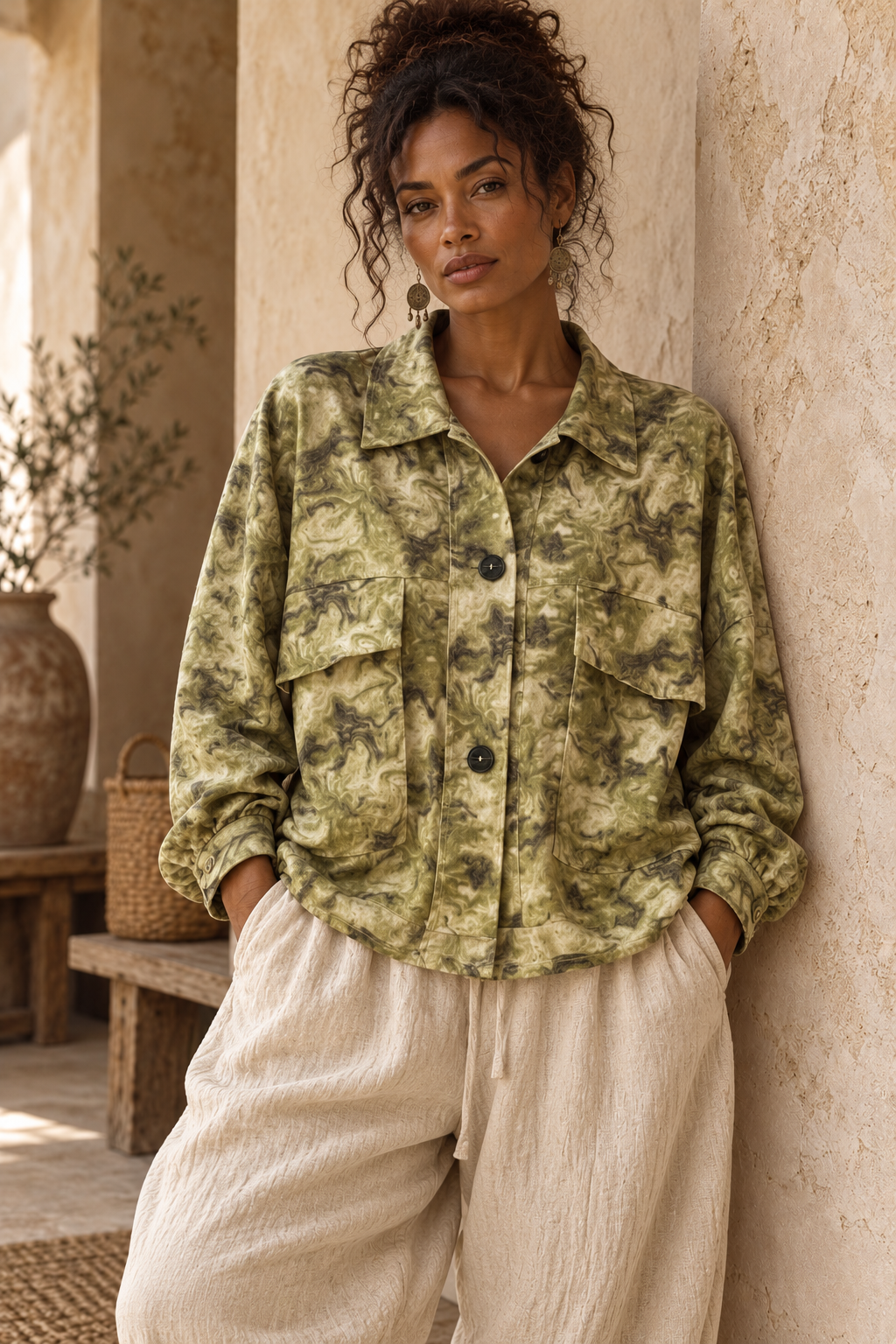 Moss Marble Print Oversized Shirt Jacket – Boho Utility Chore Jacket