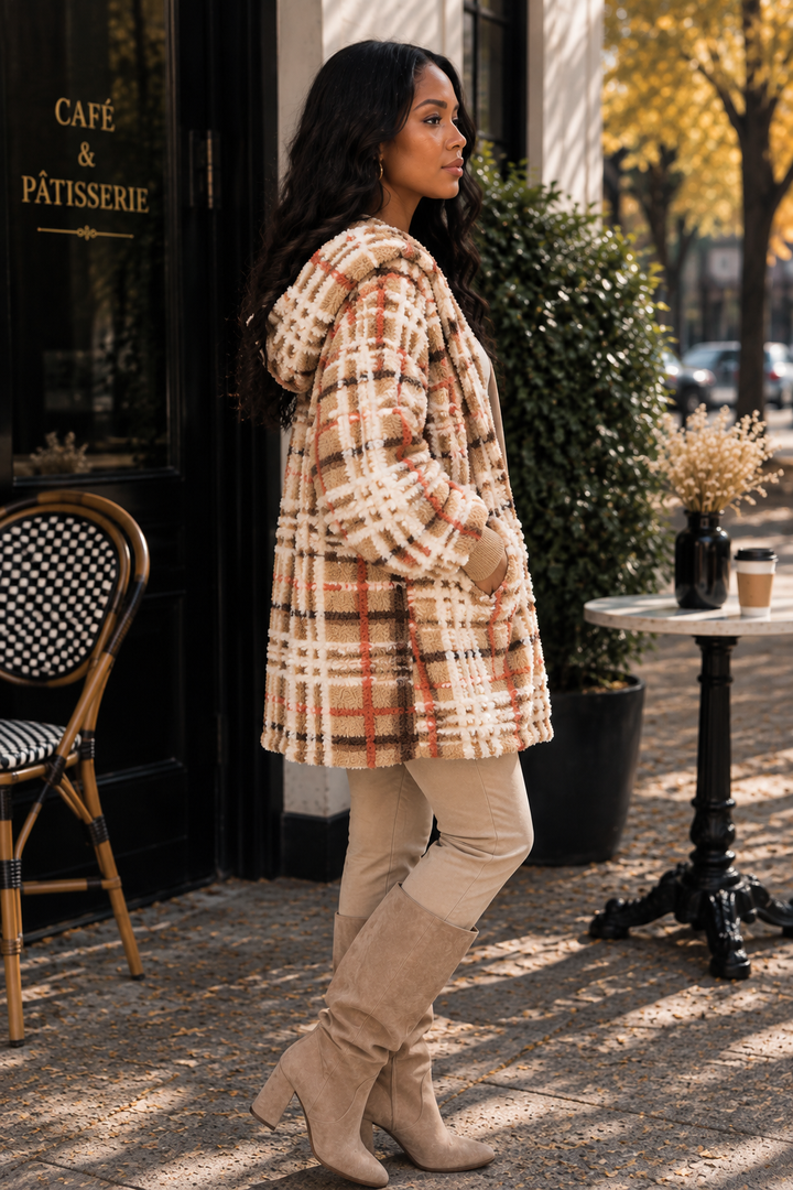 Cozy Plaid Sherpa Hooded Jacket – Oversized Teddy Coat