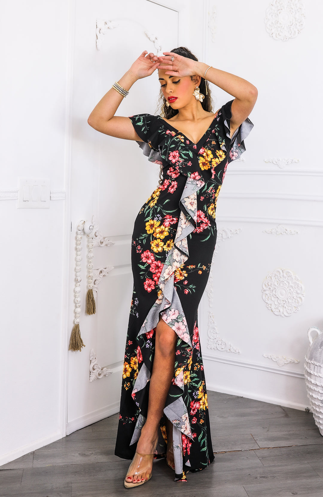 Two-Way Black Floral Ruffle Maxi Dress | SurelyMine