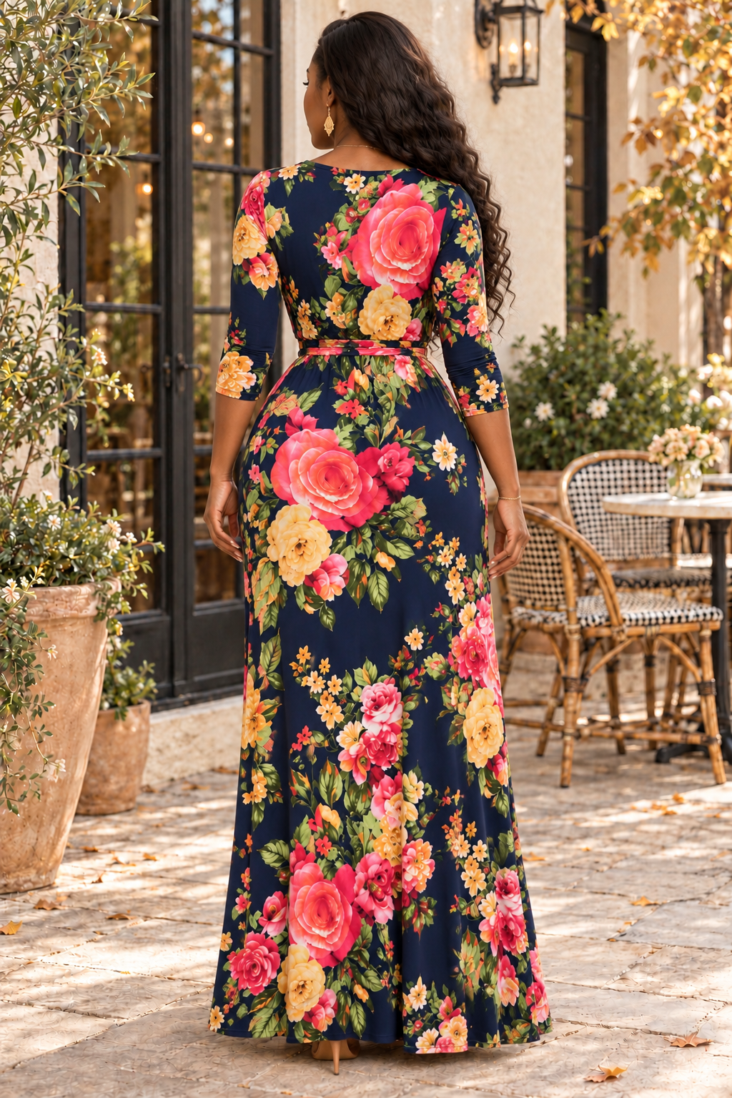 Floral Faux Wrap Maxi Dress – Navy Pink Rose Print V-Neck