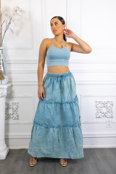 Woven Vintage Washed Maxi Skirt With Ribbed Double Strap Set