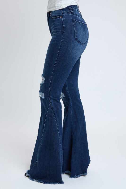 High-Waisted Distressed Flare Jeans – Dark Wash