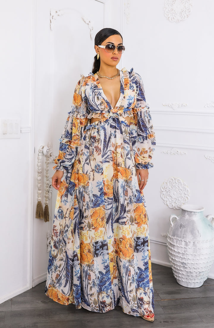 Boho Cream Floral Cutout Lace-Up Maxi Dress | Floral Maxi Dress 2026