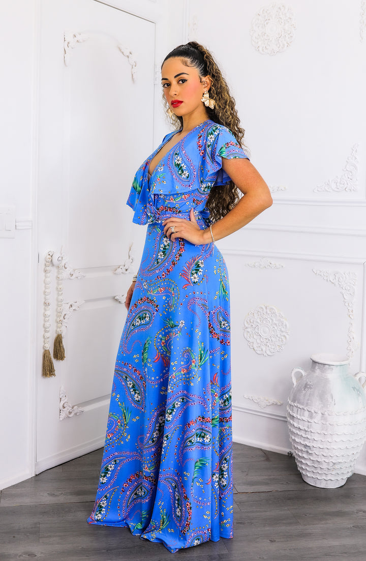 Blue Paisley On or Off-Shoulder Maxi Dress