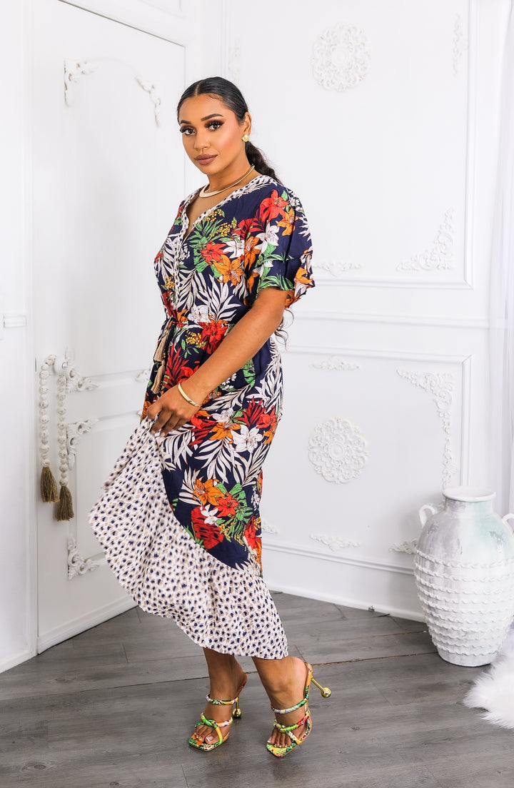 Tropical Bloom High-Low Midi Dress with Tie Waist
