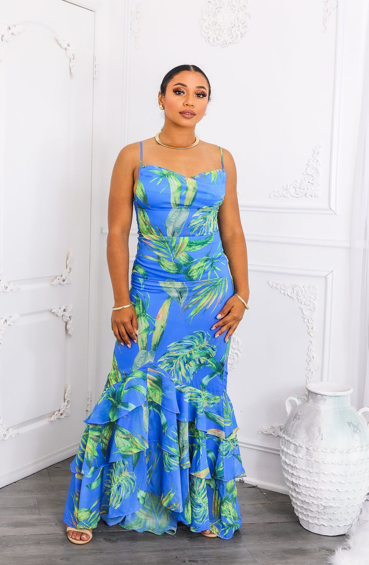 Bold Blue Leaf Print Maxi Dress with Ruffle Hem