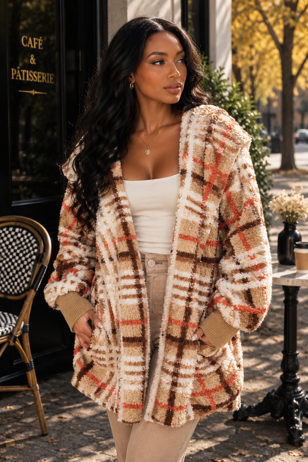 Cozy Plaid Sherpa Hooded Jacket – Oversized Teddy Coat