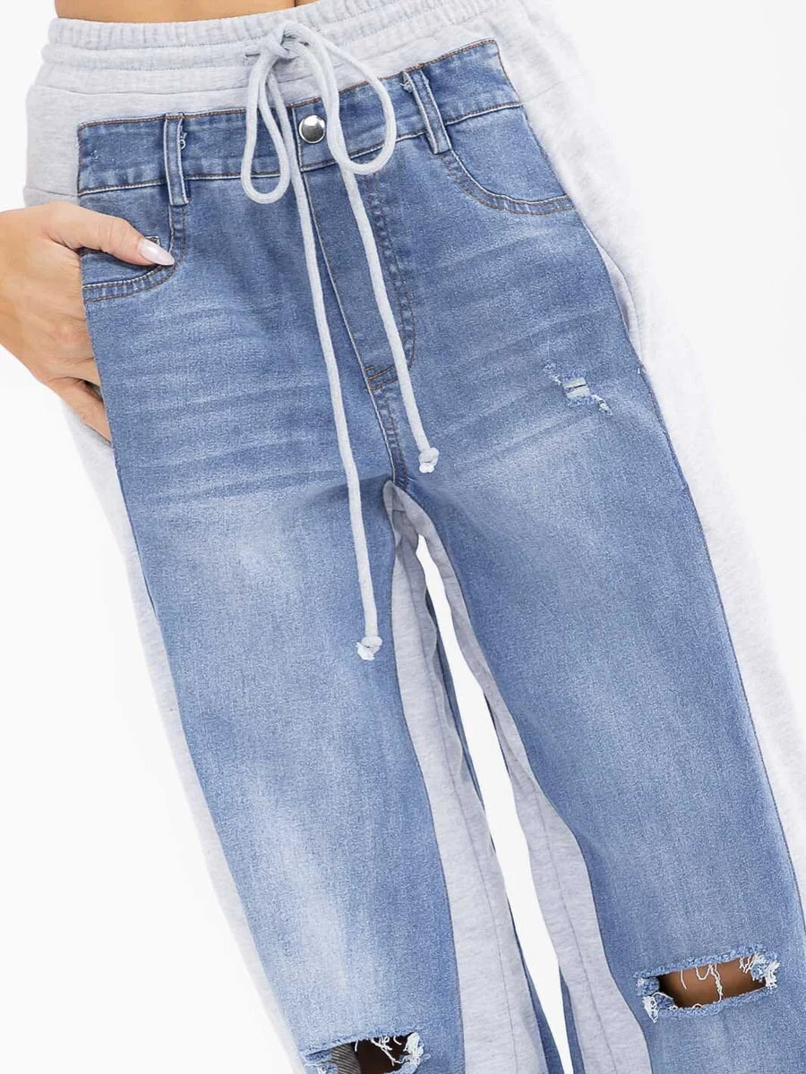 Colorblock Denim & Sweatpant Hybrid Wide-Leg Pants – Blue/Gray