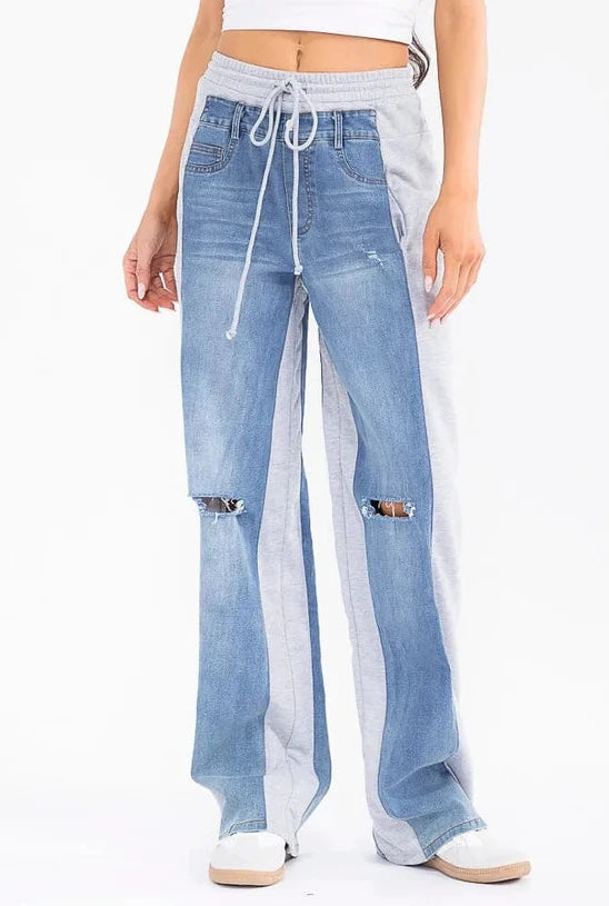 Colorblock Denim & Sweatpant Hybrid Wide-Leg Pants – Blue/Gray