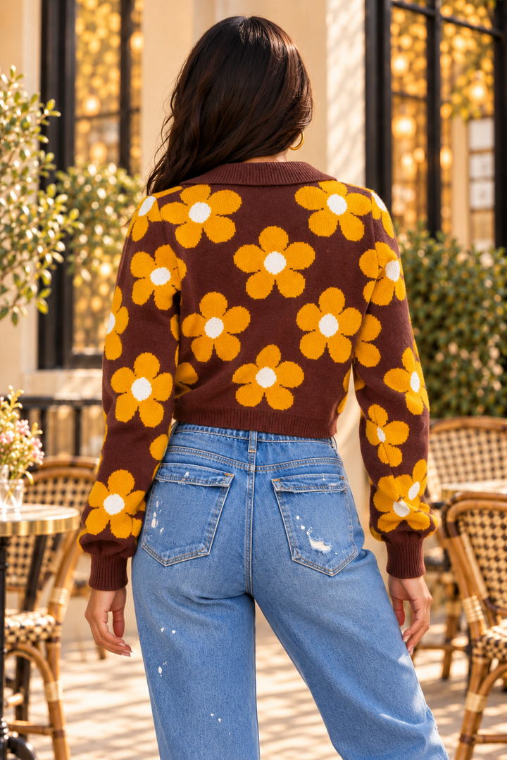 Retro Daisy Knit Cardigan – Brown Yellow Floral Cropped Sweater