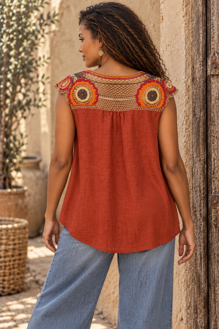 Rust Crochet Shoulder Sleeveless Top – Boho Embroidered Flowy V-Neck Tank