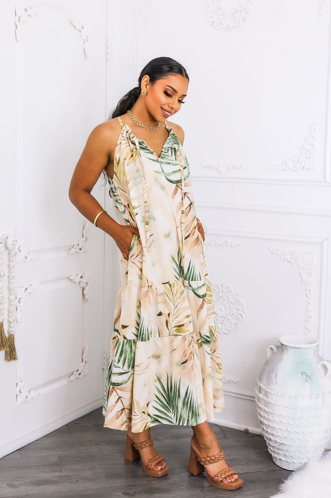 Tropical Palm Tiered Maxi Dress – Sand & Sage