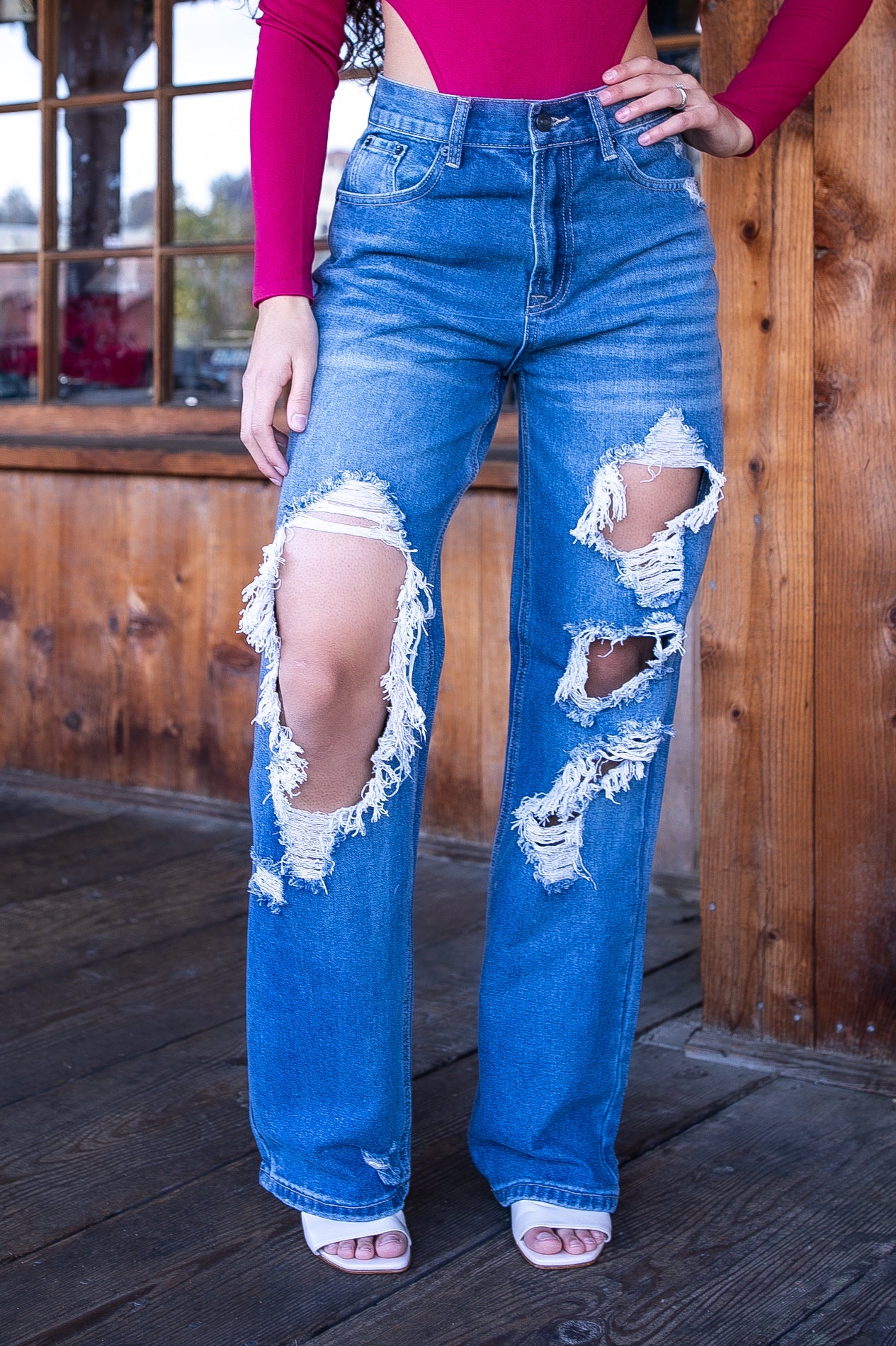Sweet Talker Ripped Hi Rise Relaxed Wide Leg Skater Look Jeans