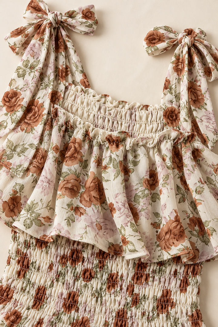Smocked Tiered Maxi Dress – Cream Rust Floral Tie Strap Sundress