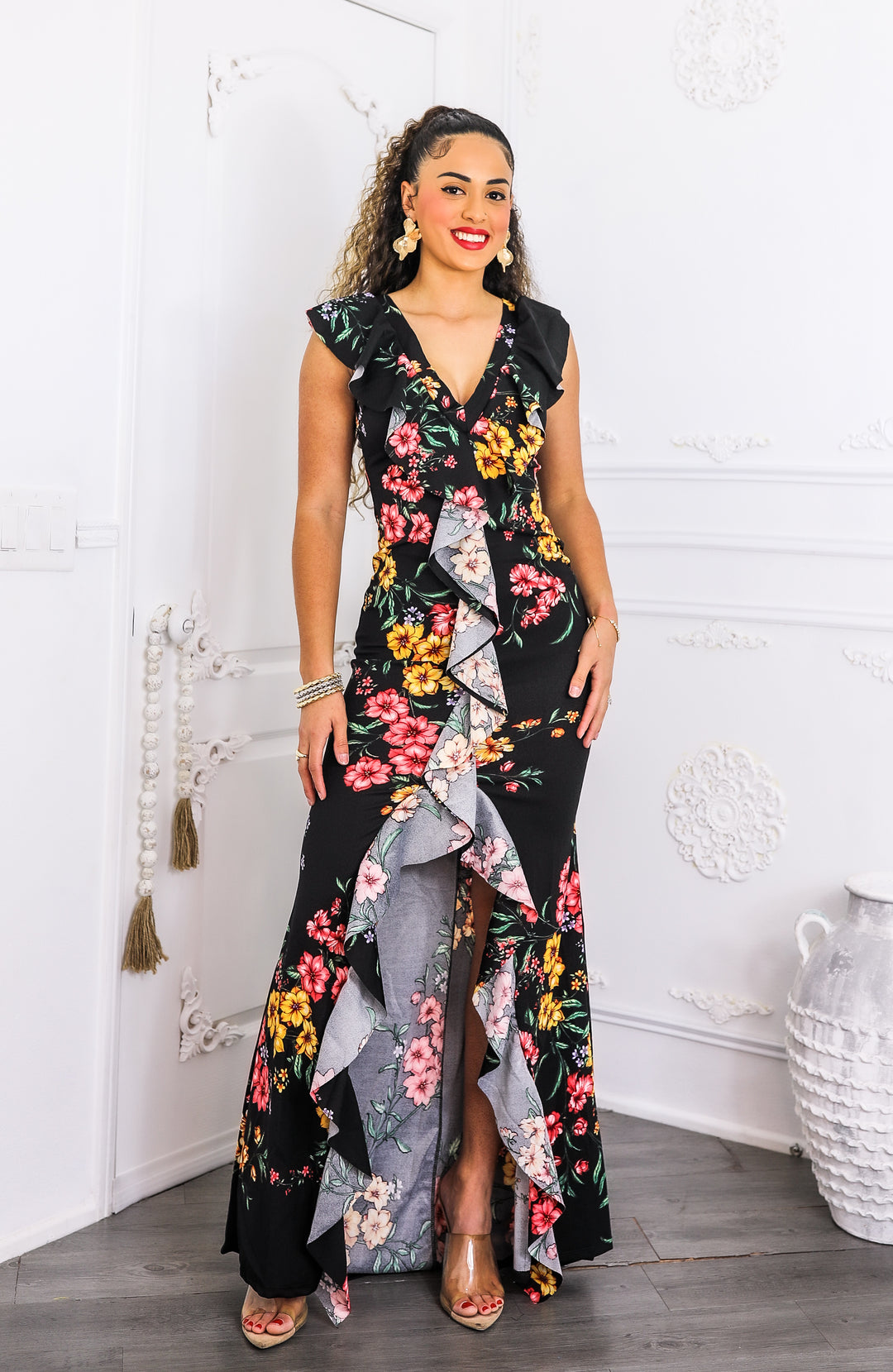 Two-Way Black Floral Ruffle Maxi Dress | SurelyMine