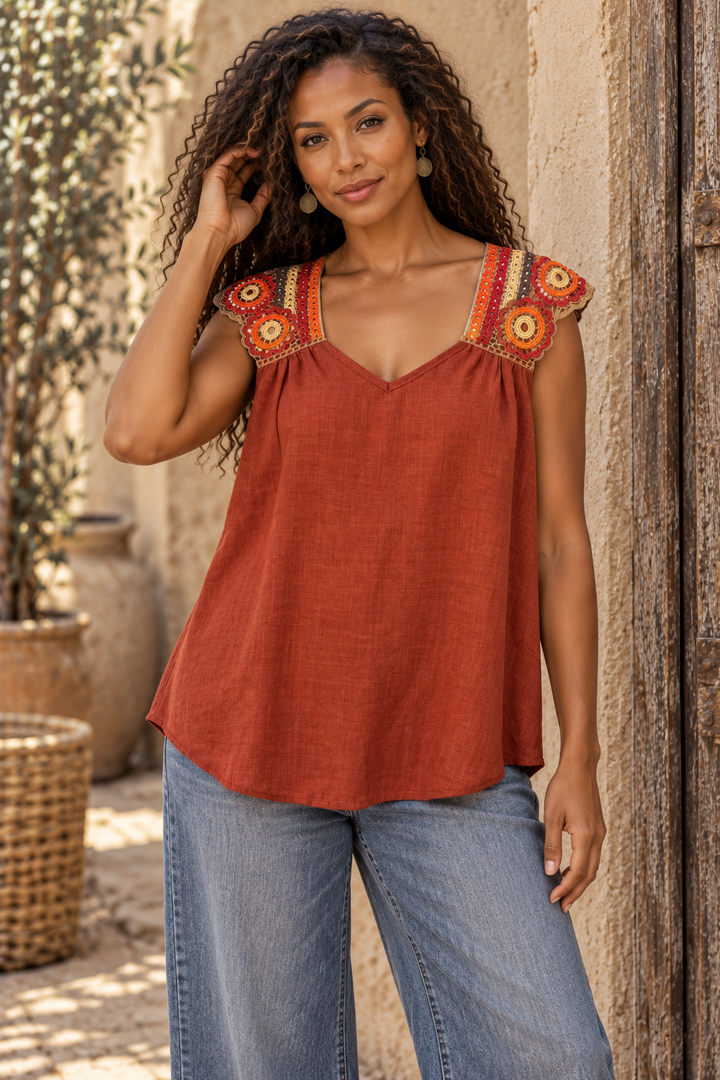 Rust Crochet Shoulder Sleeveless Top – Boho Embroidered Flowy V-Neck Tank