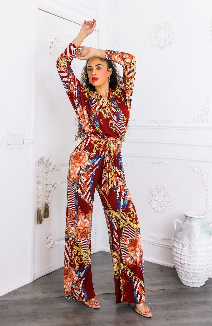 Red Chain Print Wide Leg Jumpsuit | Boho Chic One Piece