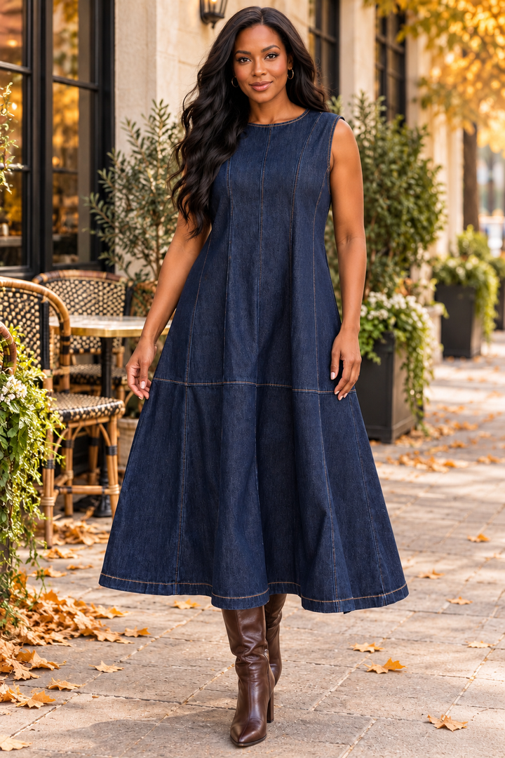 Seamed A-Line Denim Midi Dress – Dark Indigo Sleeveless Flare Jean Dress