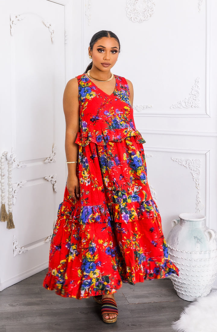 Red Floral Tiered Ruffle Maxi Dress with Pockets