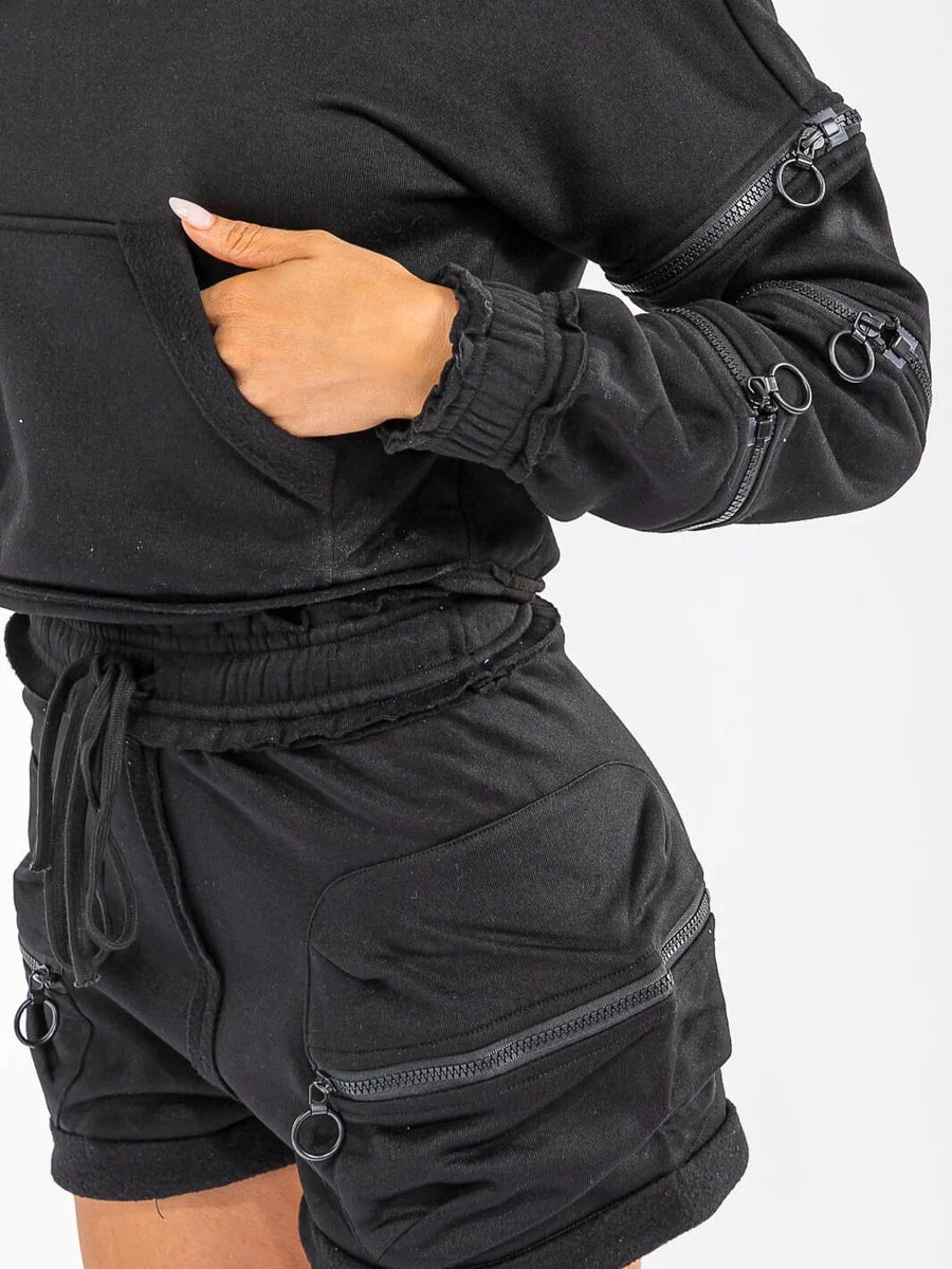 Zip-Detail Cropped Hoodie & Cargo Shorts Set
