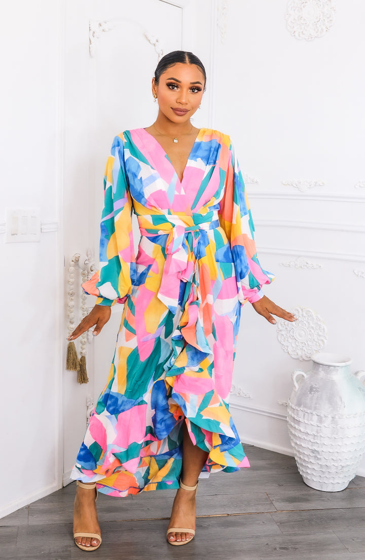 Color Splash Ruffle Wrap Maxi Dress with Balloon Sleeves