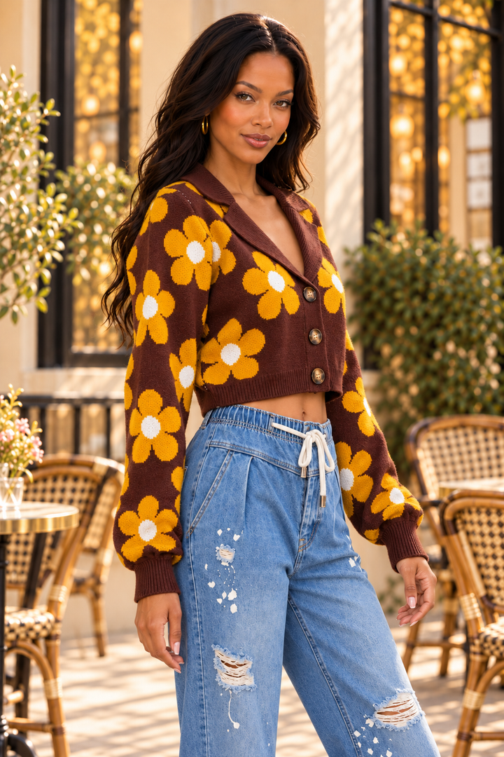 Retro Daisy Knit Cardigan – Brown Yellow Floral Cropped Sweater