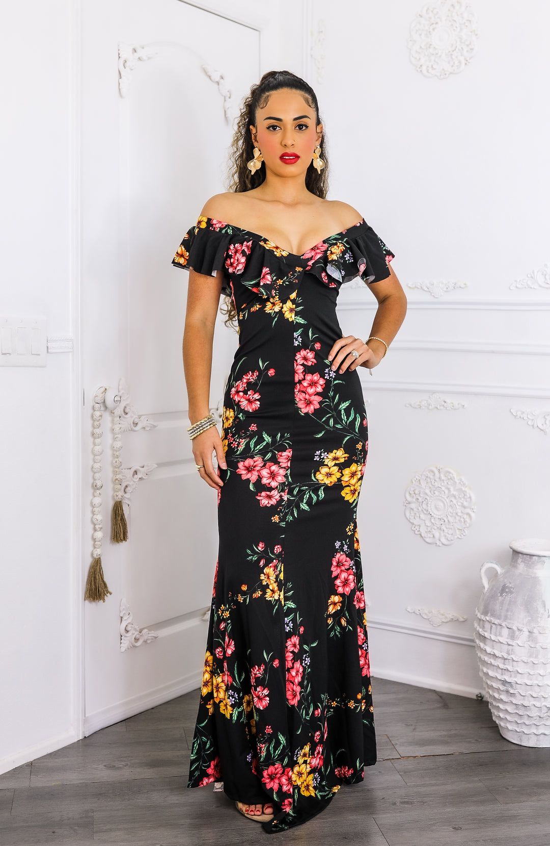 Two-Way Black Floral Ruffle Maxi Dress | SurelyMine