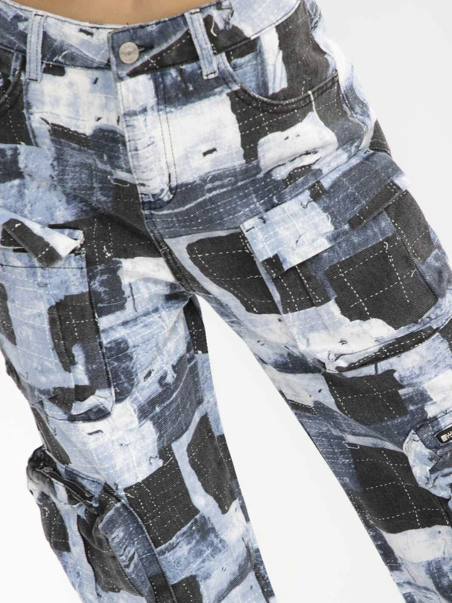 Denim Patchwork Cargo Jeans | Abstract Print Multi-Pocket Wide Leg Jeans