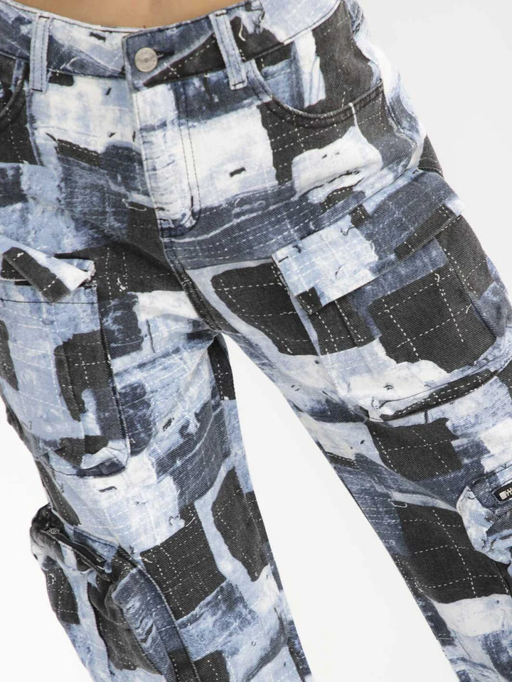 Denim Patchwork Cargo Jeans | Abstract Print Multi-Pocket Wide Leg Jeans