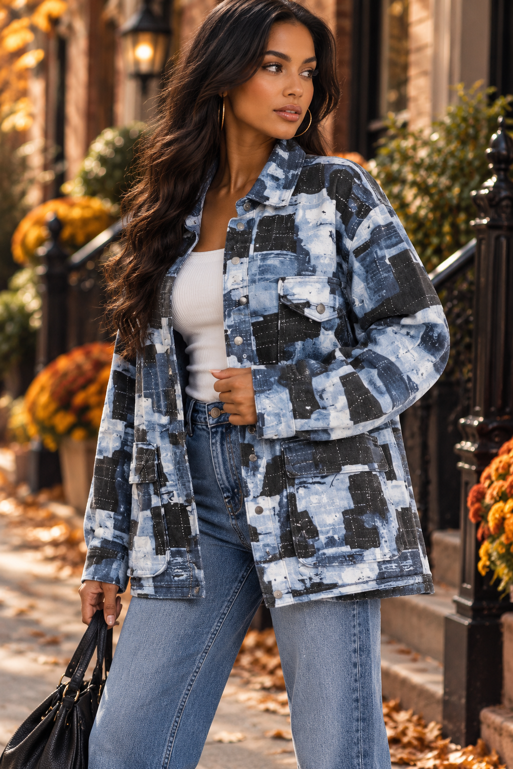 Denim Patchwork Cargo Jacket | Abstract Print Oversized Shacket