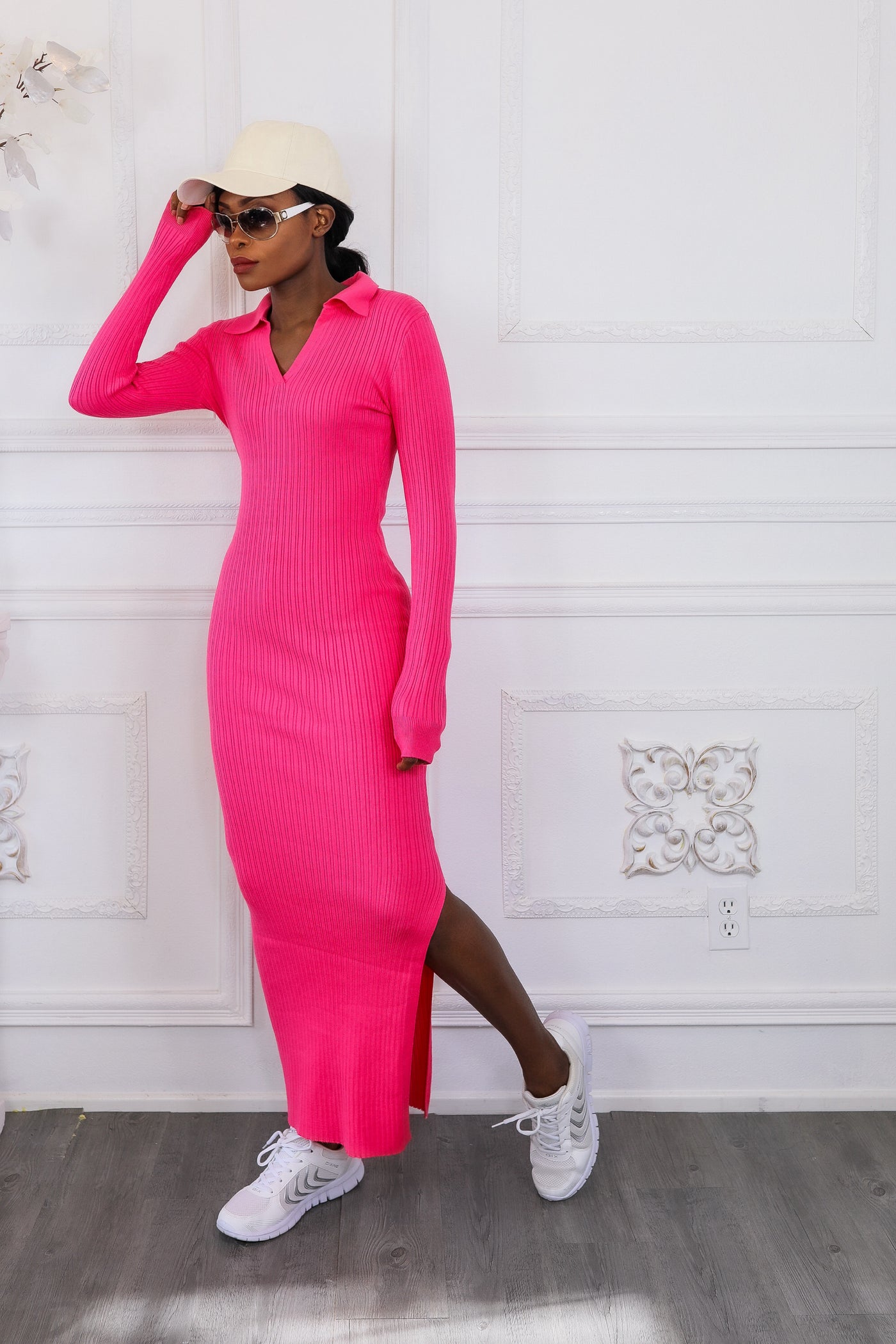 Cold Weather Slay Collar Ribbed Long Sleeves Maxi Dress with Side Slit