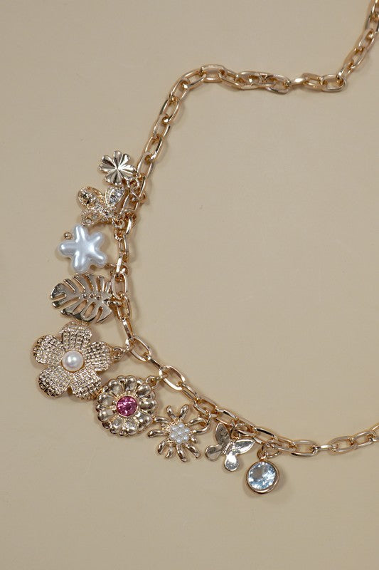 The Vintage Garden Charm Necklace – Gold Floral & Pearl