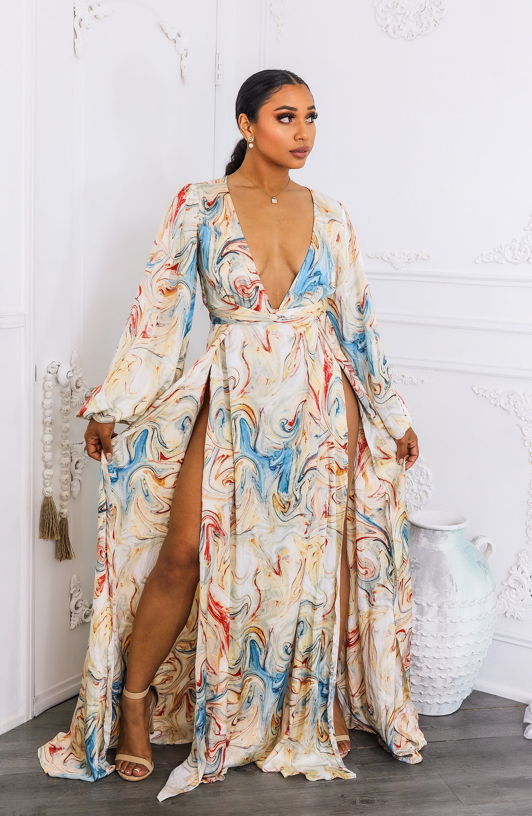 Marble Swirl Kimono Maxi Dress with Slits Boho Resort Style S Marble Swirl Kimono Maxi Dress with Slits Boho Resort Style S