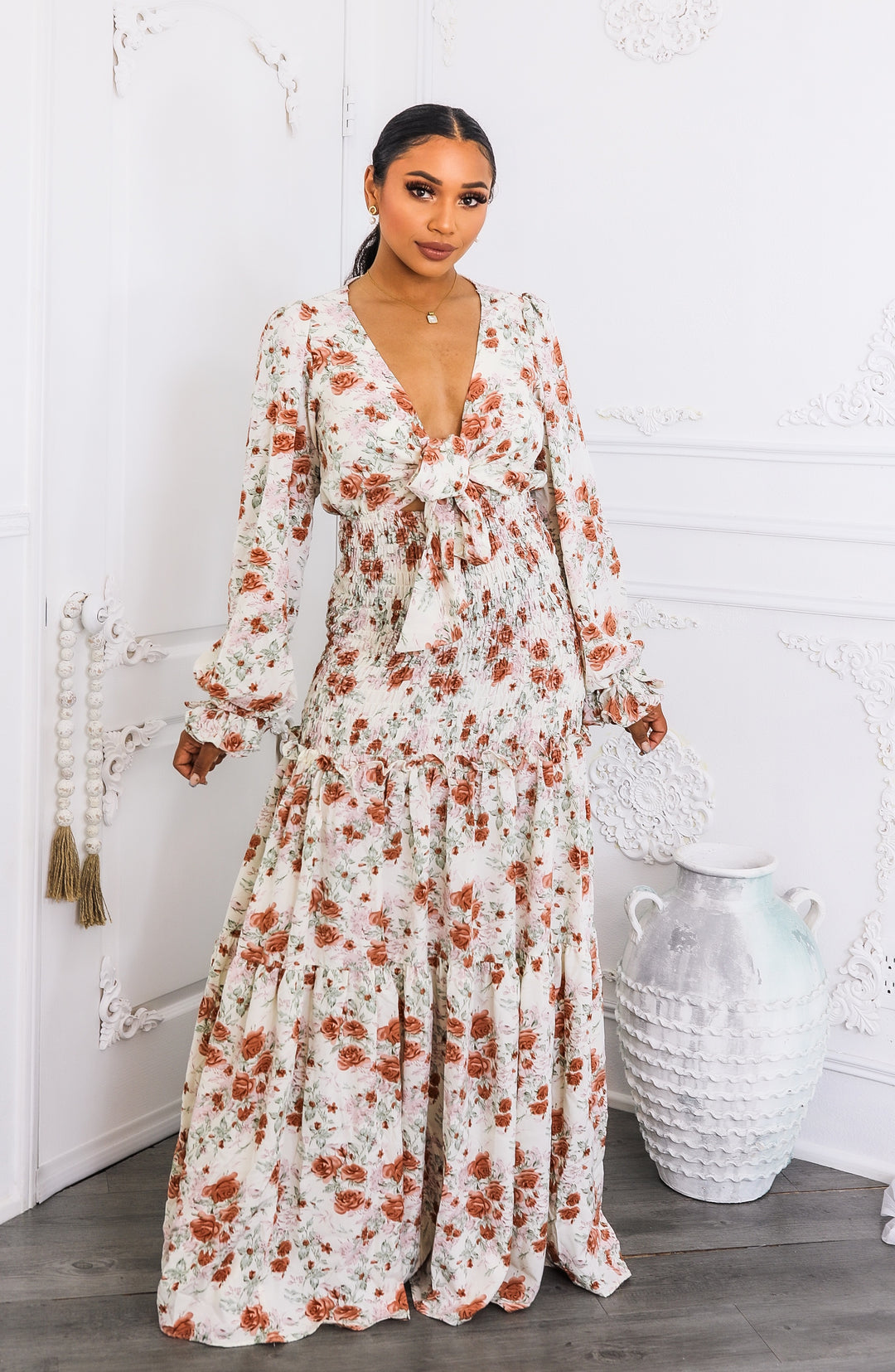 Floral Tie-Front Maxi Dress with Smocked Waist SURELYMINE Floral Tie-Front Maxi Dress with Smocked Waist SURELYMINE