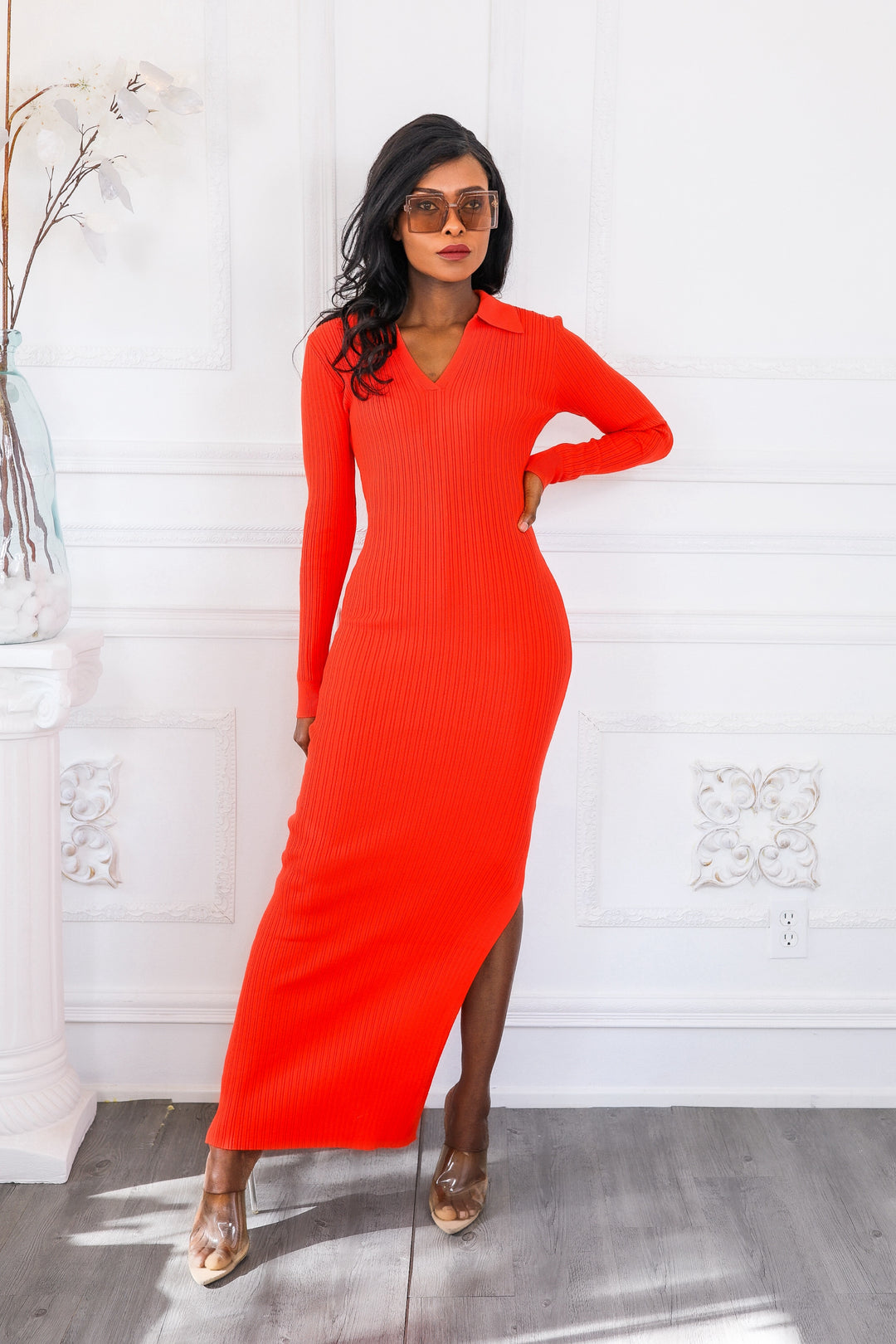 Cold Weather Slay Collar Ribbed Long Sleeves Maxi Dress with Side Slit Red orange / M Cold Weather Slay Collar Ribbed Long Sleeves Maxi Dress with Side Slit Red orange / M