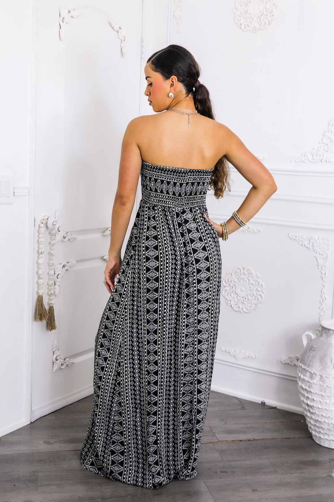 Strapless Tribal Print Maxi Dress – Black & White Flow