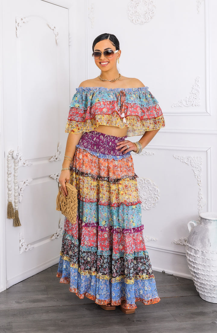 Boho Floral Ruffle Crop Top & Maxi Skirt Set