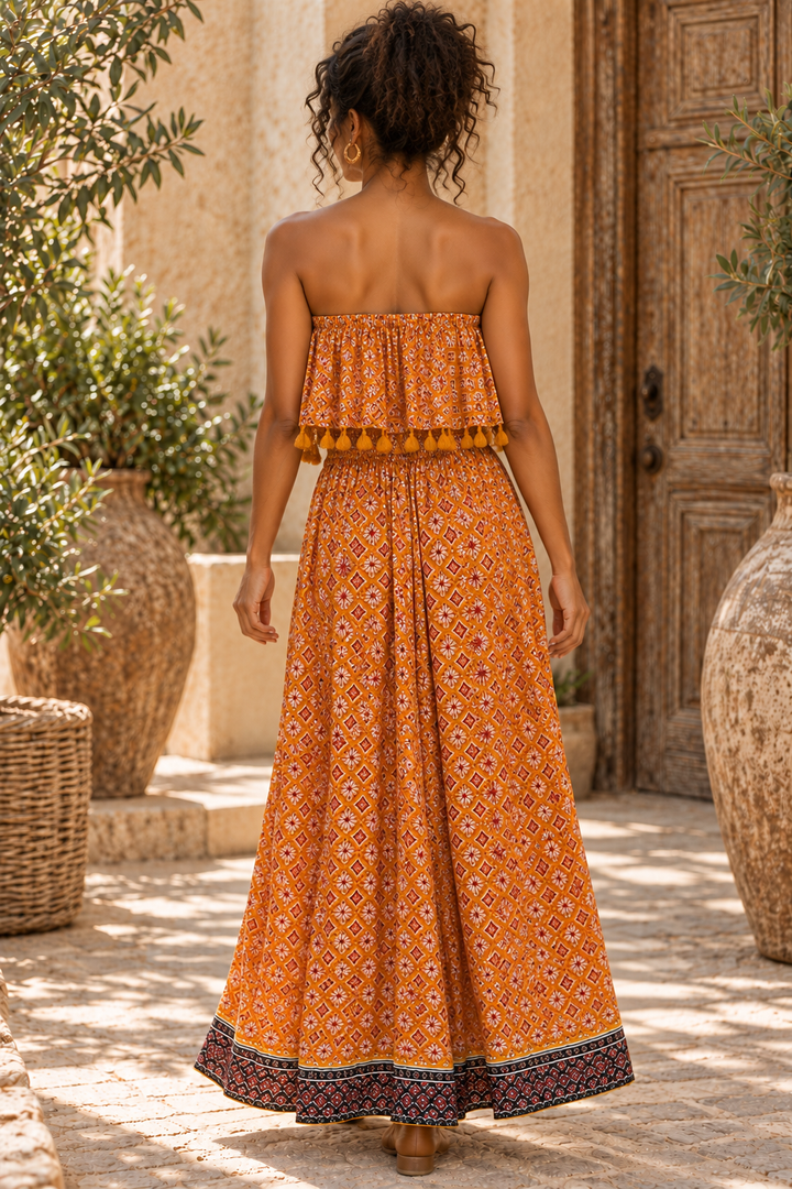 Orange Block Print Strapless Maxi Dress – Boho Tassel Ruffle Smocked Dress