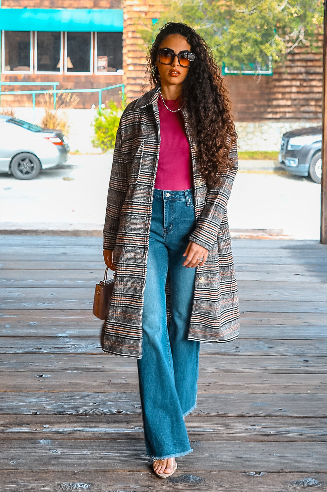 Grey Plaid Long Shacket – Oversized Button Down Coat for Women