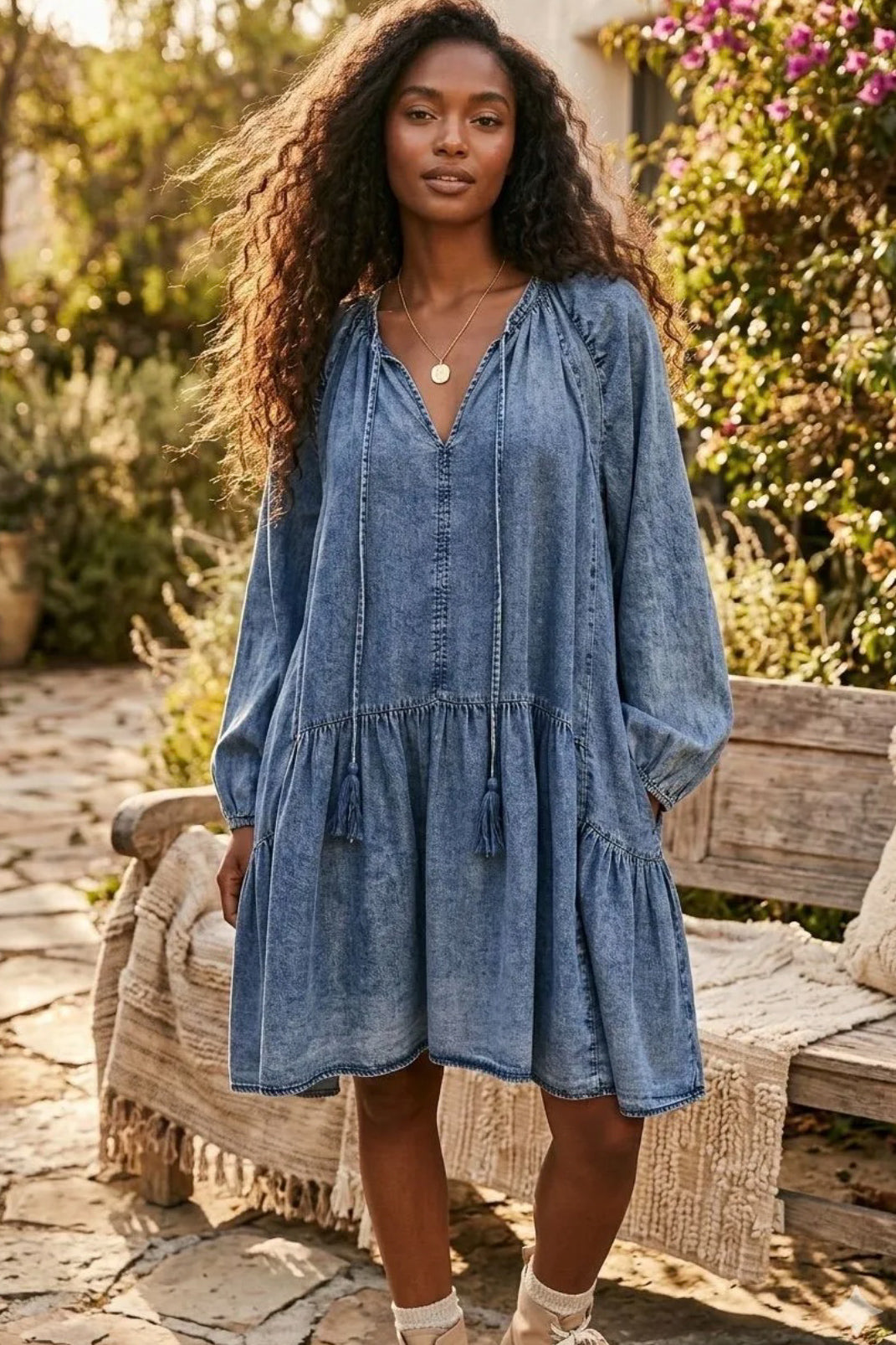 Blue Skies Chambray Tiered Babydoll Dress