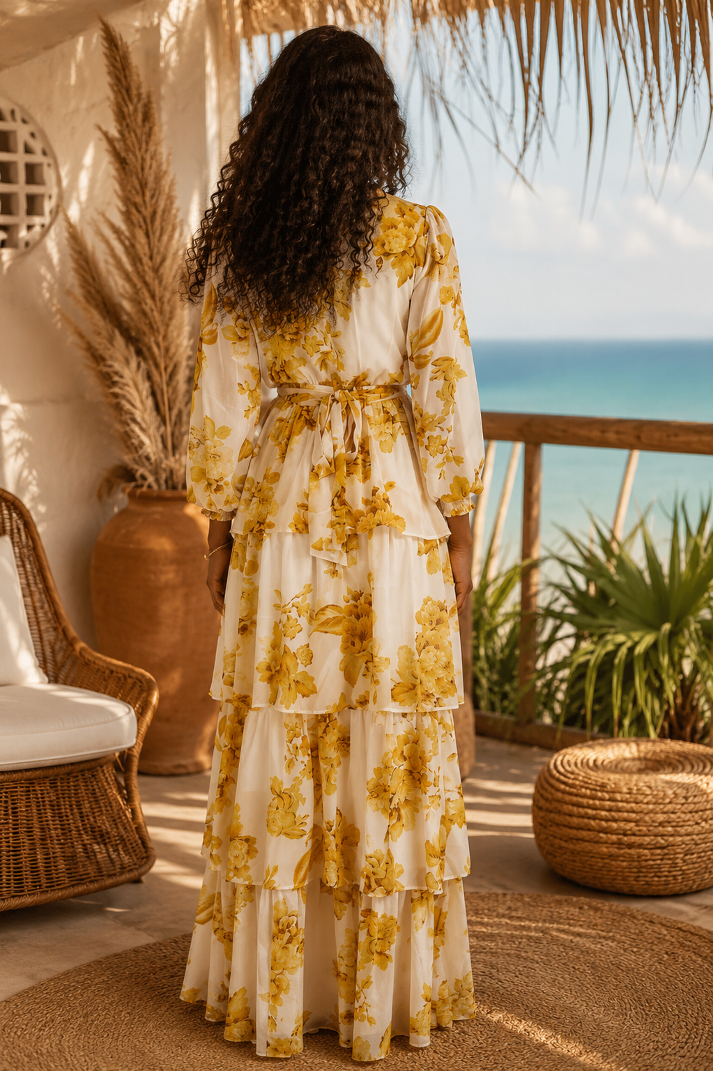 Marigold Floral Tiered Maxi Dress | High Neck Long Sleeve Boho Dress