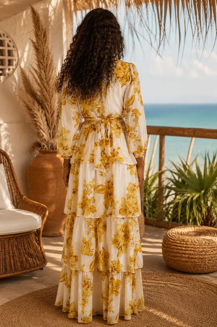 Marigold Floral Tiered Maxi Dress | High Neck Long Sleeve Boho Dress