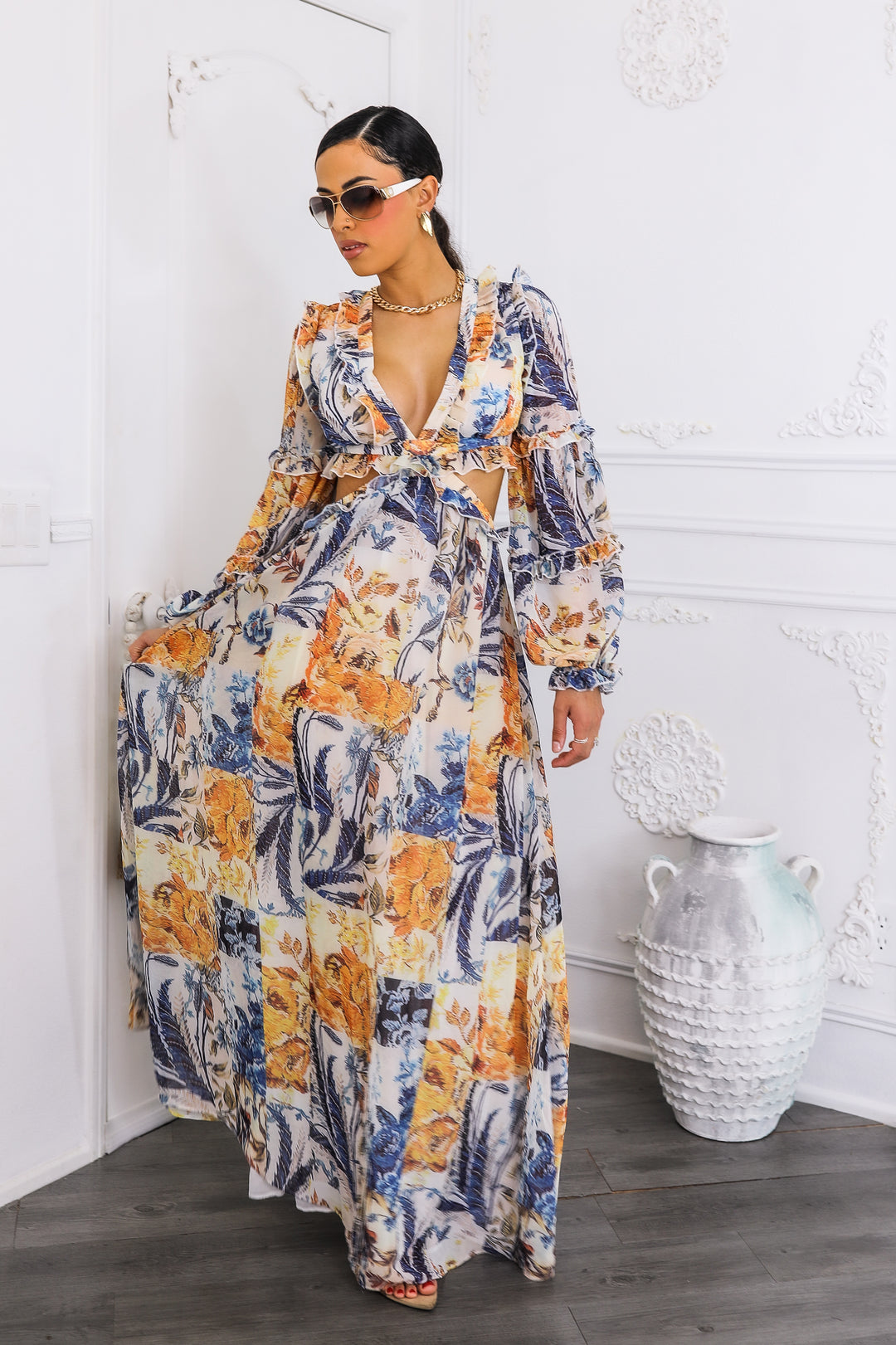 Boho Cream Floral Cutout Lace-Up Maxi Dress | Floral Maxi Dress 2026