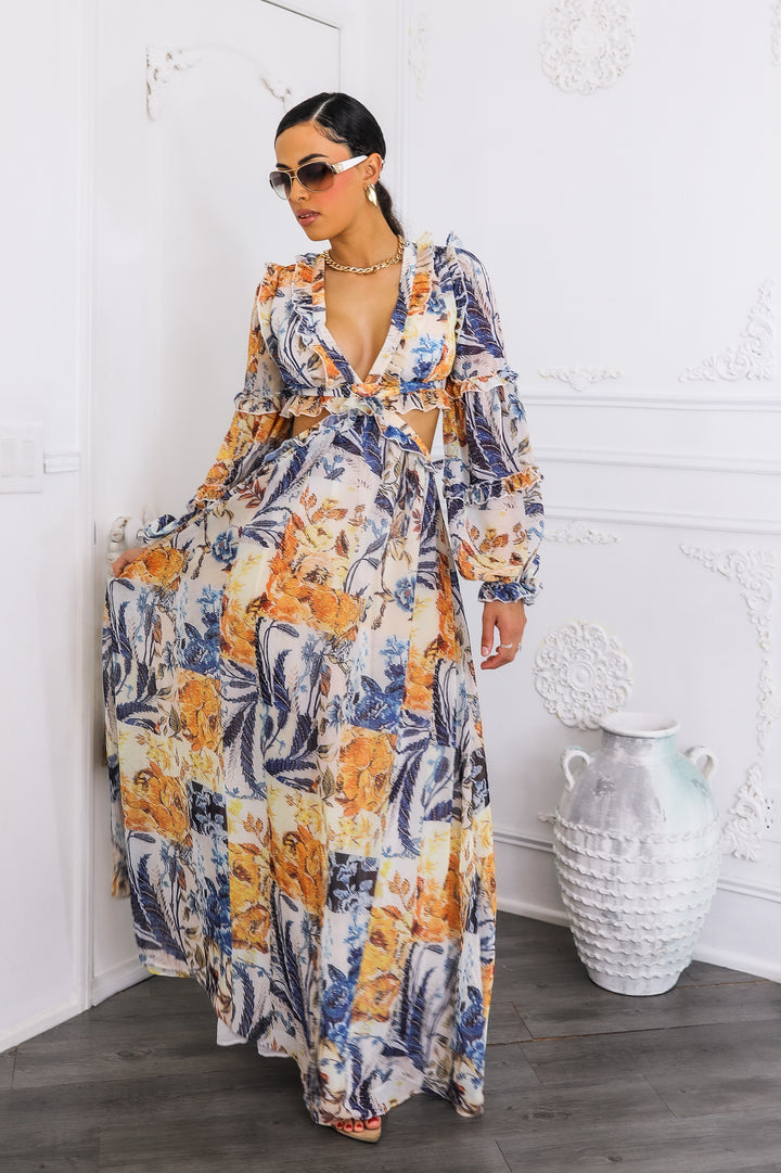 Boho Cream Floral Cutout Lace-Up Maxi Dress | Floral Maxi Dress 2026