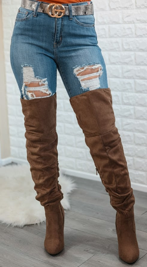 Unmatchable Pointy Slouchy Knee and Thigh High Boots Brown