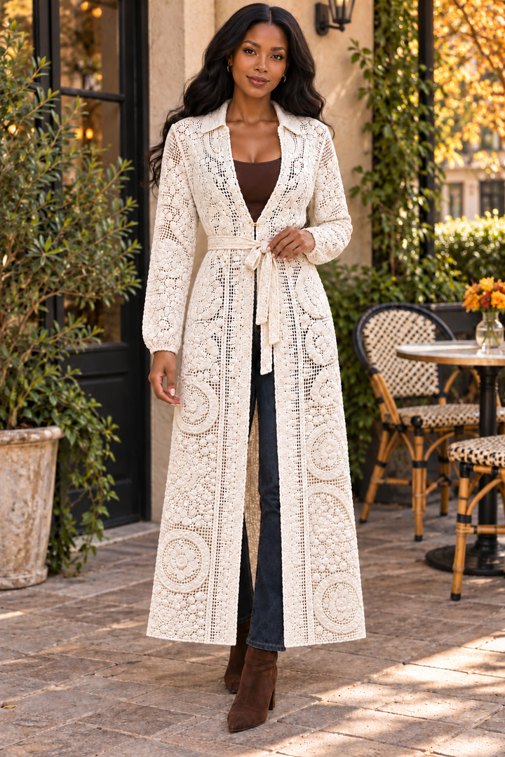 Crochet Lace Maxi Duster Cardigan – Cream Belted Boho Cover-Up