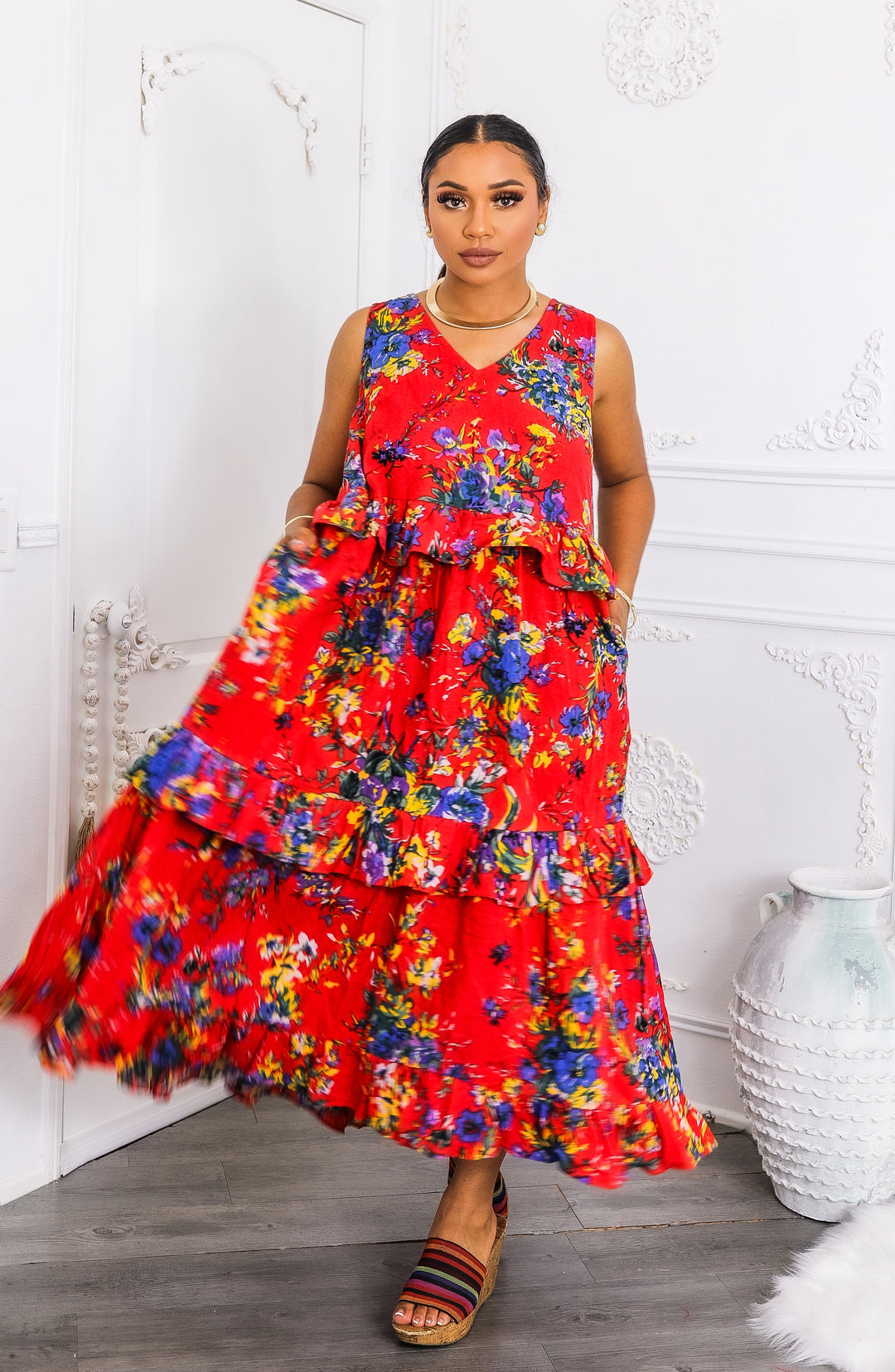 Red Floral Tiered Ruffle Maxi Dress with Pockets