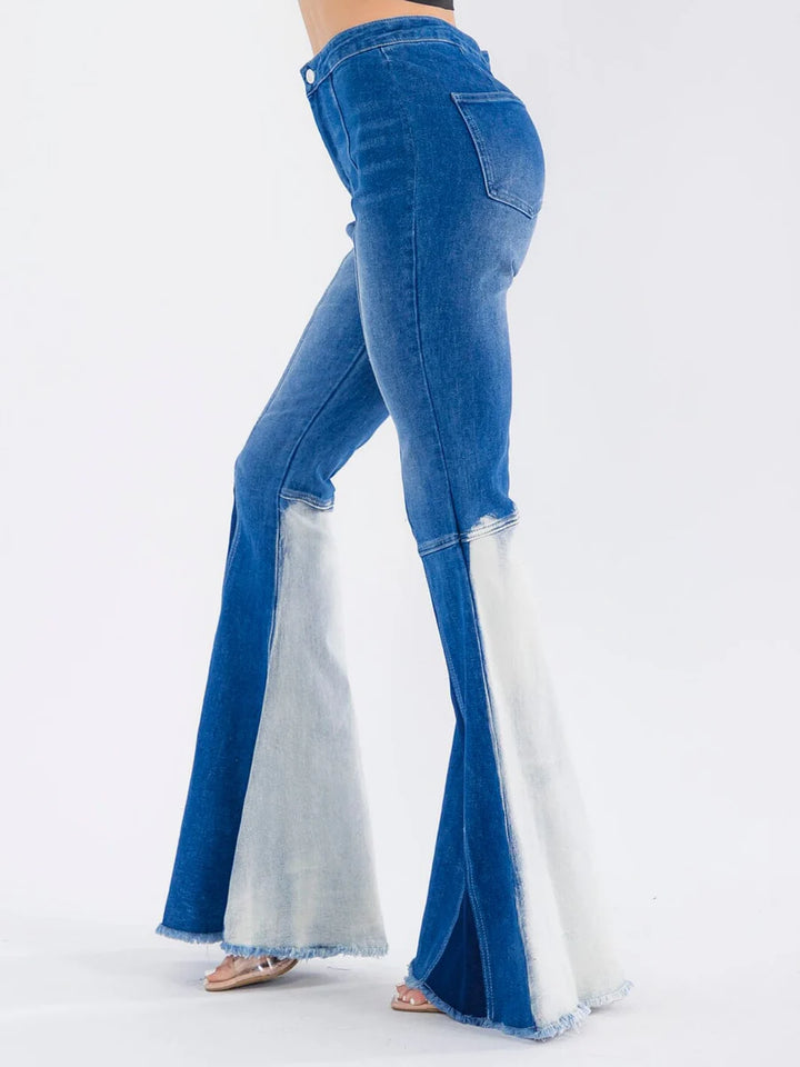 High Rise Two-Tone Flare Jeans with Frayed Hem