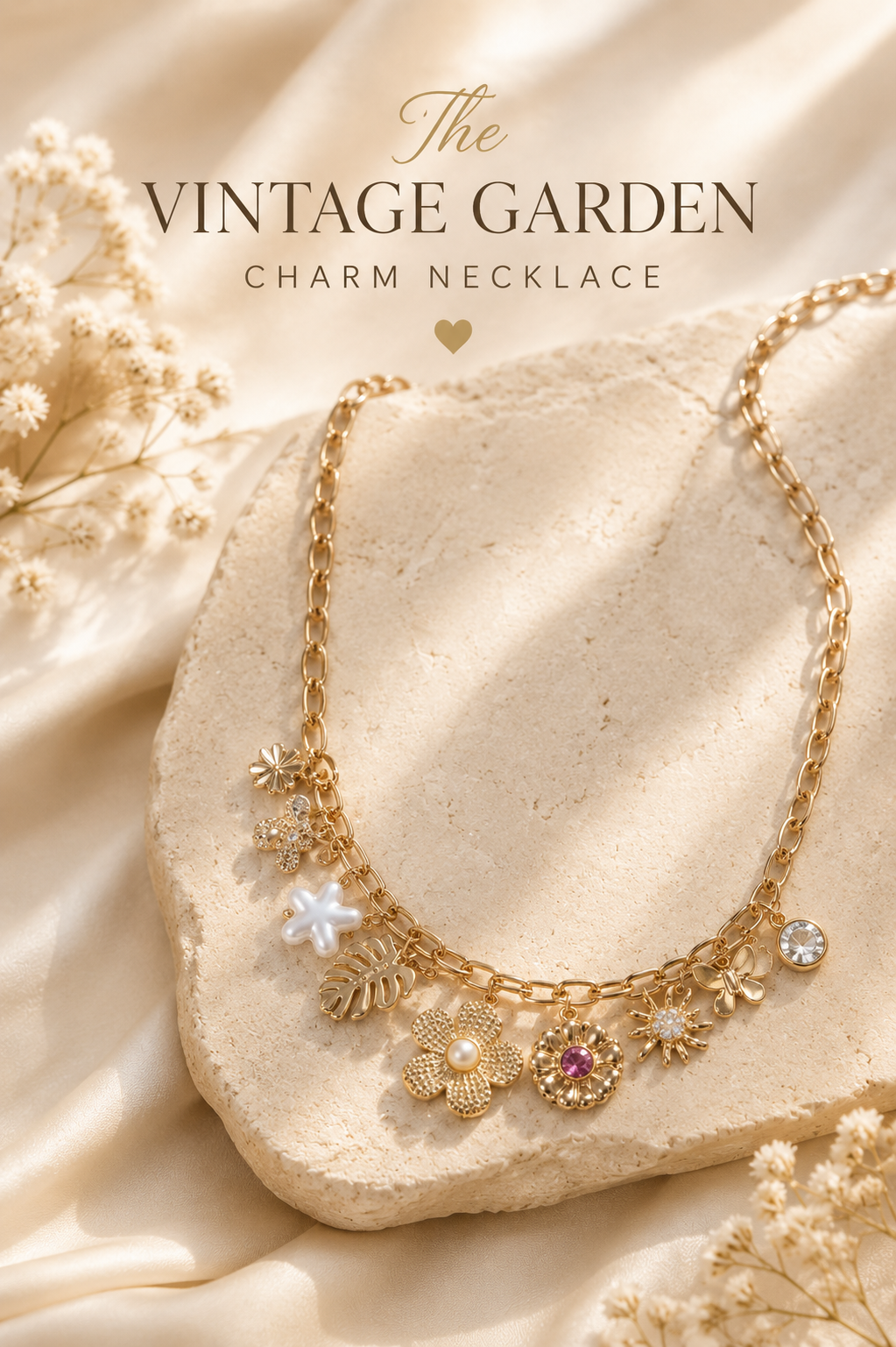 The Vintage Garden Charm Necklace – Gold Floral & Pearl